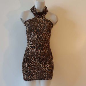 NWT Women Katharine Story Tan Brown Black Leopard Print Halter Mini Dress S *